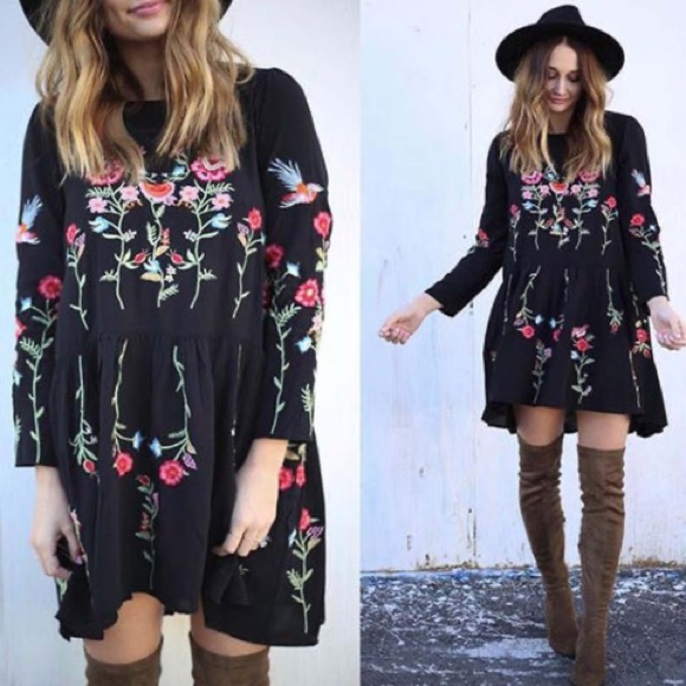 Chicwish Boho Multicolor Floral Embroidery Dropped Waist Babydoll Black Dress S